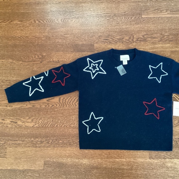 Cynthia Rowley 100% 2-Ply Cashmere Navy Red/White Stars Embroidered Sweater XL - Picture 9 of 14